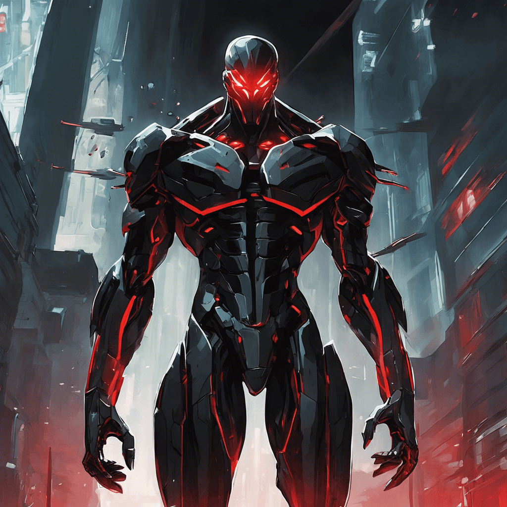 This towering figure in a sleek black cybernetic suit exudes power and intimidation. Glowing red eyes stare out from behind a mask, and massive metal limbs give them superhuman strength and agility.