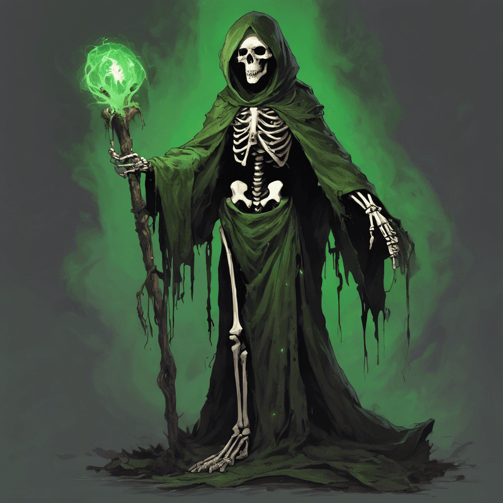 A skeletal figure shrouded in tattered robes, its eye sockets glowing with an unholy green light. Clenched in its bony hand is a gnarled staff topped with a skull that whispers of dark magic.