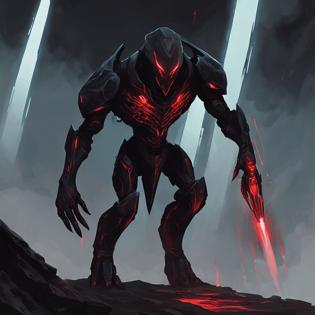 The Void Sentinel is a towering humanoid figure, clad in dark, sleek armor that seems to blend seamlessly with the shadows of space. Its eyes glow with a menacing red light, and its movements are swift and precise, like a predator stalking its prey.