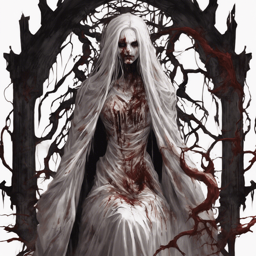 The Blood Queen is a ghostly figure draped in tattered robes, her pale skin shining with an otherworldly glow. Her eyes are empty sockets that seem to suck in all light around her, and her hair is a tangled mess of black tendrils that writhe as if alive. She emits an aura of cold that chills the air around her, and the faint sound of whispering can be heard whenever she approaches.