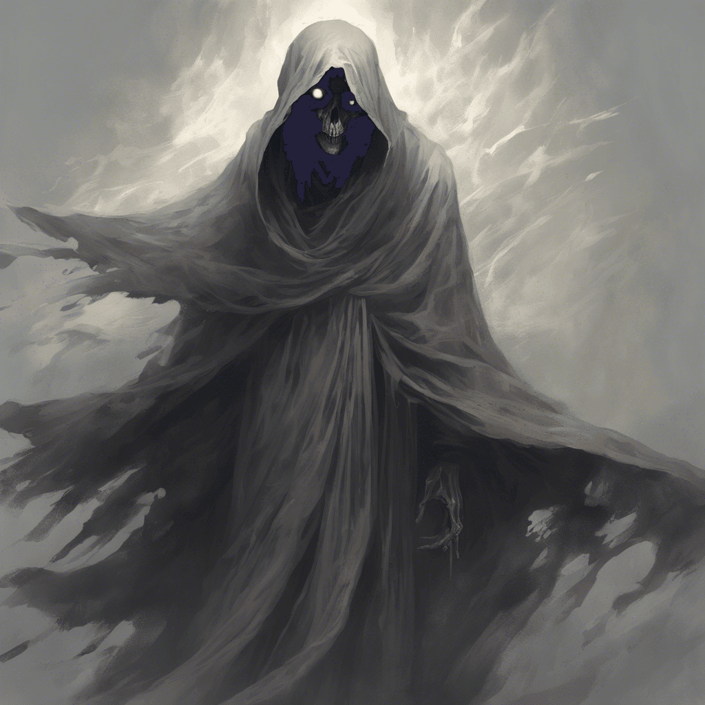 A ghostly figure, draped in tattered robes that flutter in an unfelt wind, with hollow eyes that glow with a faint, ominous light.