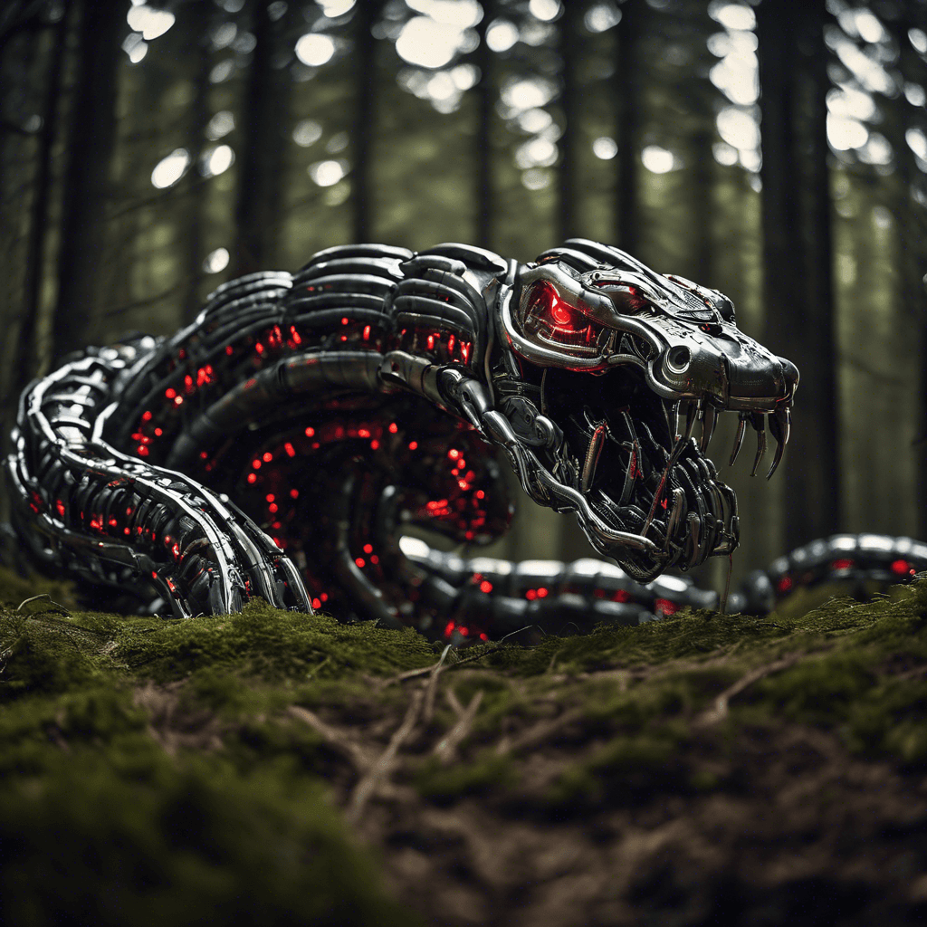 The Mechanical Serpent is a massive robotic creature, covered in sleek metal plating with glowing red circuits running beneath its surface. Its body moves sinuously, like a snake, as it prowls through the mechanized forest, ready to strike at any intruders with its sharp metallic fangs.