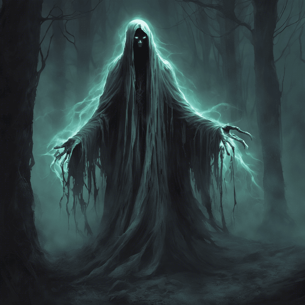 The Spectral Wraith is a terrifying apparition, clad in tattered robes that flow like mist around its ethereal form. Its eyes glow with a malevolent light, and a chilling aura surrounds it, sending shivers down the spine of anyone who dares to gaze upon it.