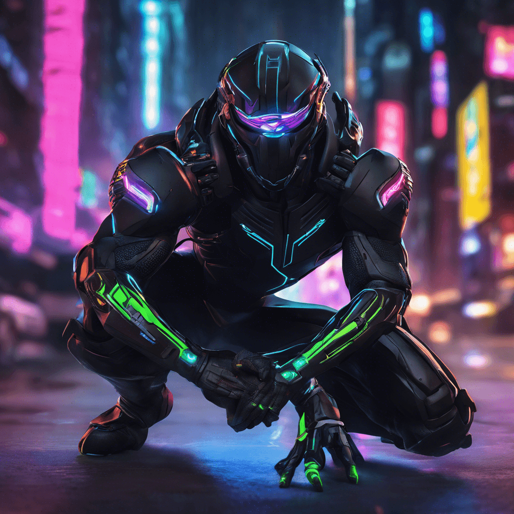 The Tech Ninja is a stealthy figure clad in sleek, black cyber armor, with glowing neon accents highlighting its agility. Its cybernetic enhancements allow it to move swiftly and silently through the neon-lit streets, striking with precision and speed.