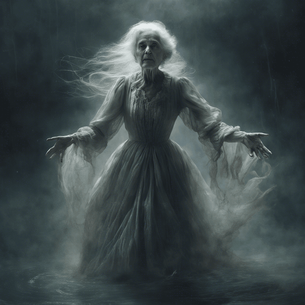 A ghostly apparition of an elderly woman, garbed in a tattered Victorian dress. Her eyes are hollow pits of despair, and her long, grey hair flows unnaturally as if underwater. She floats above the ground, her hands outstretched with wisps of eerie light.