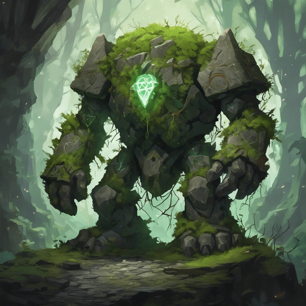 A massive stone golem covered in jagged thorns and moss, with glowing runic patterns tracing its limbs and a heart-shaped crystal embedded in its chest.