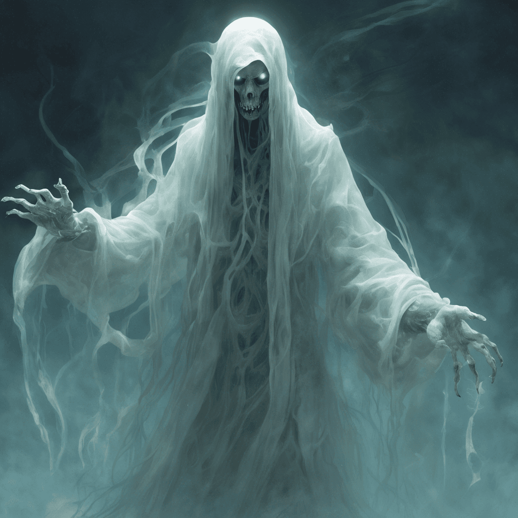 A translucent ghostly figure with empty eye sockets, long tattered robes floating as if underwater, and claw-like hands that seem to reach out hungrily for the living.