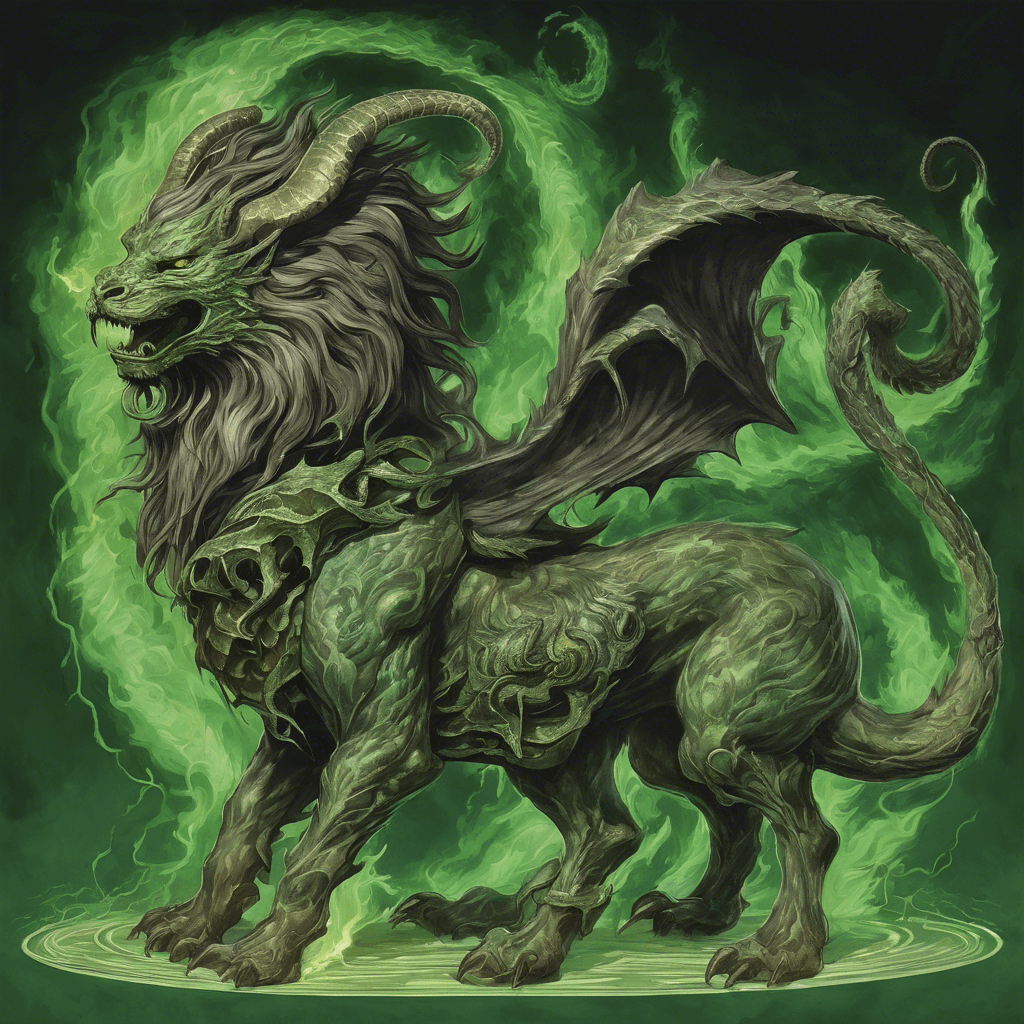 A grotesque beast with the body of an ebony lion, a serpentine dragon's head extending from its back, and a goat's head in place of its tail, its eyes glow with baleful green flame, and its hide smolders with an aura of dark magic.