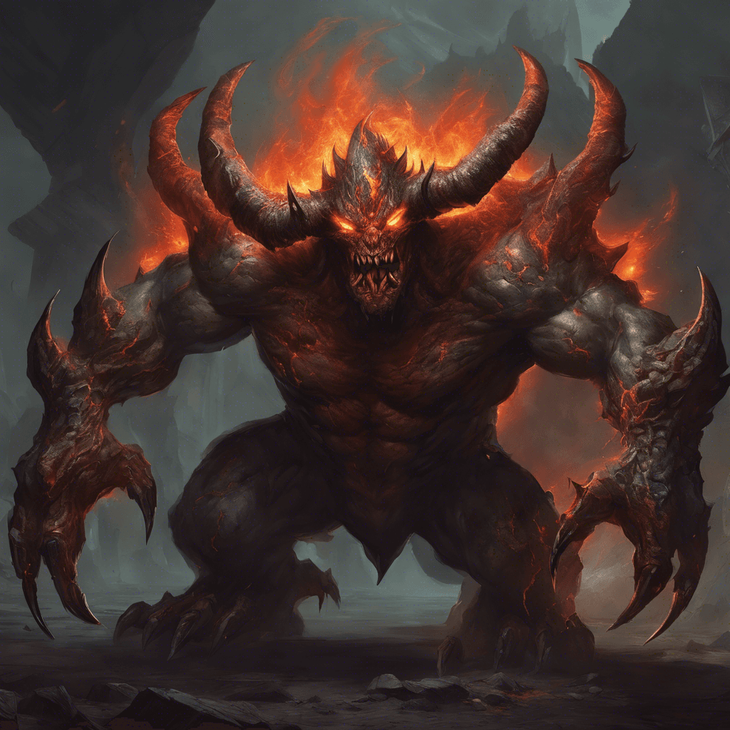 A hulking monstrosity, with skin like molten stone, twisted horns erupting from its head, and eyes that glow like embers against its ghastly visage. In one hand, it wields a serrated blade that pulses with dark energy, while the other ends in razor-sharp claws.