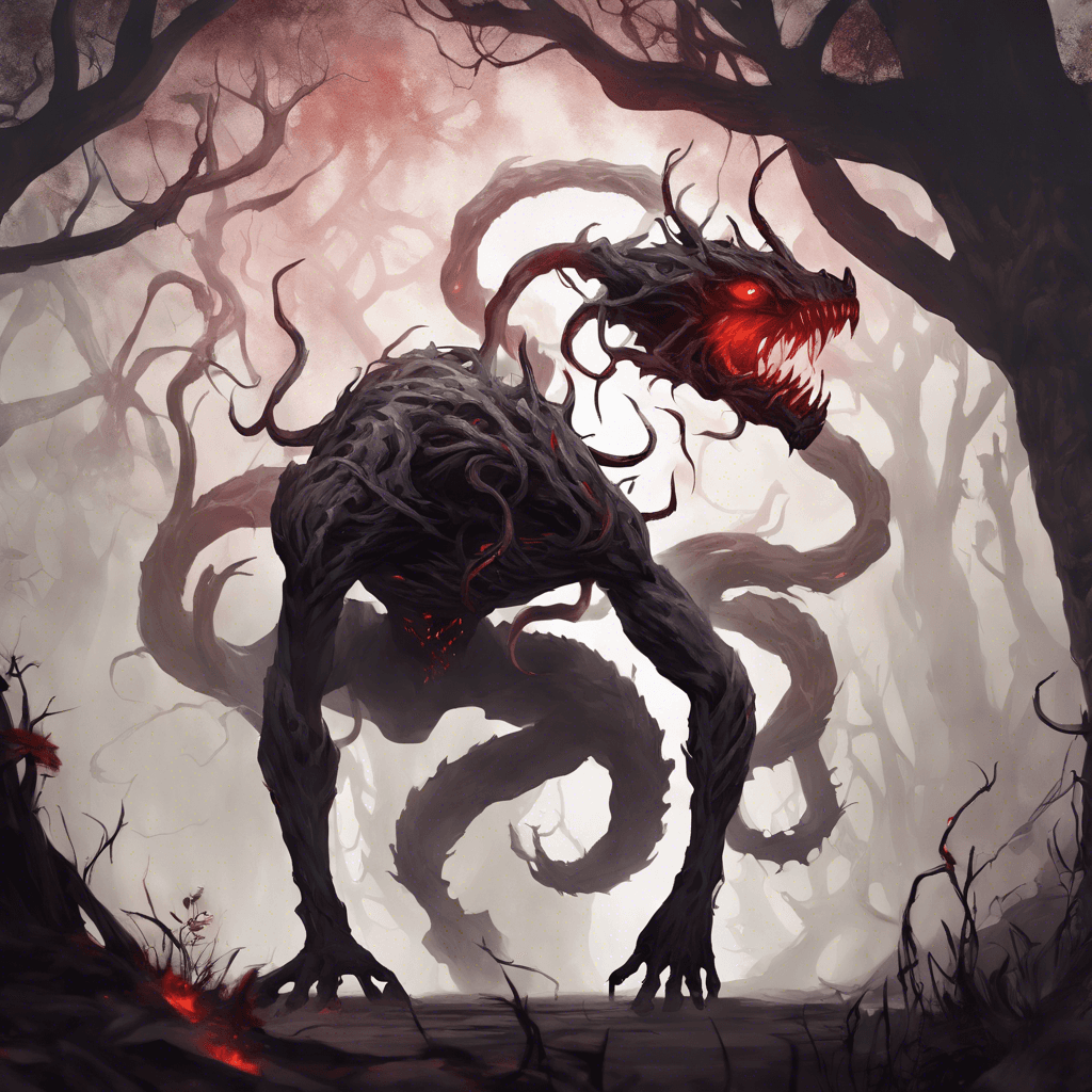 A towering creature of shadow and malice, Ghûlra has thick, twisting vines for limbs and a gaping mouth in its torso that seems to absorb the light around it. Its glowing red eyes burn with hatred, and its presence chills the air.