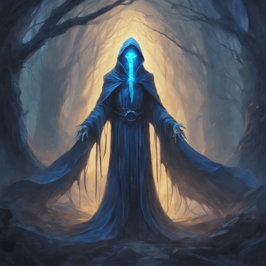 An ethereal figure with a cloak of darkness, its eyes glow with a haunting blue light, and it wields a spectral dagger that hums with otherworldly energy.