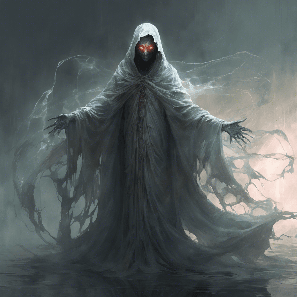 A translucent figure, draped in tattered robes that float eerily around its form. Glowing eyes fixate on its target with an otherworldly intensity, exuding an aura of malevolence that chills the very soul.