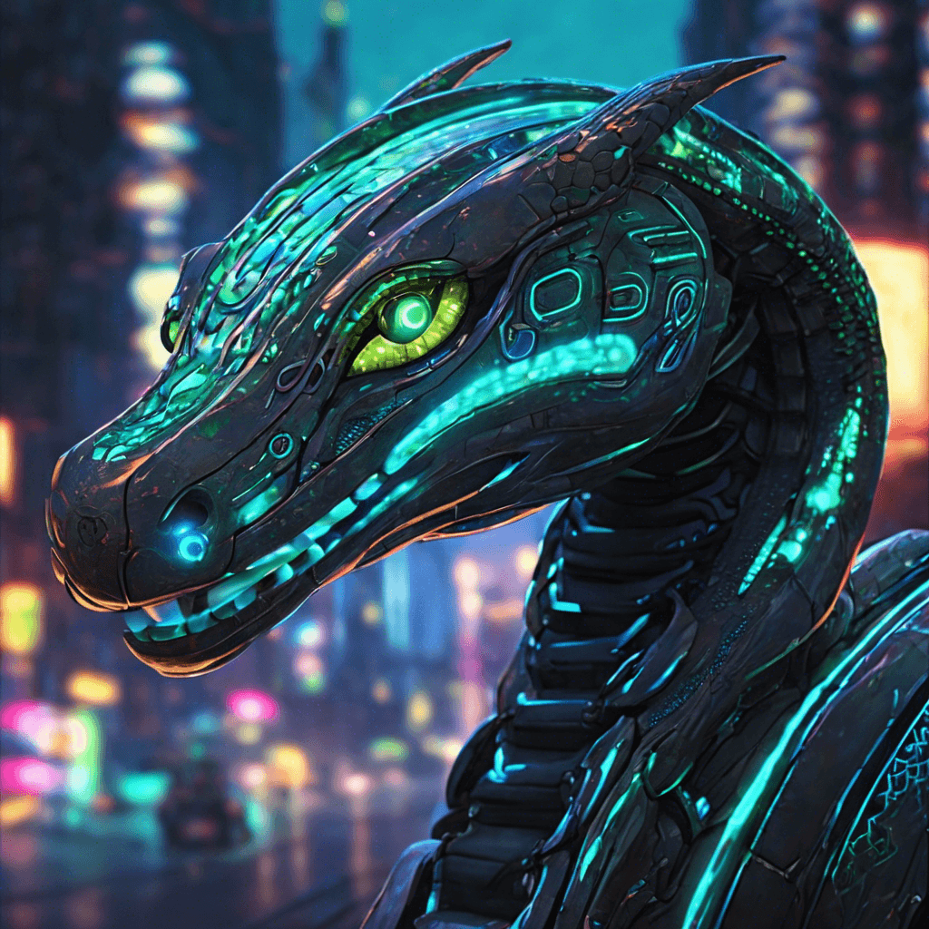 A sleek robotic serpent, its bioluminescent scales gleam with an array of circuitry patterns, reflecting the neon city lights. Its eyes are piercing digital lenses, and its fangs glisten with a venomous nanotech coating.