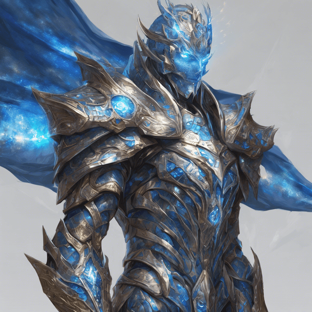 A towering figure, clad in shimmering temporal armor, with piercing blue eyes that seem to look through time itself. Its gauntlets hum with chronal energy, ready to distort the very fabric of reality.