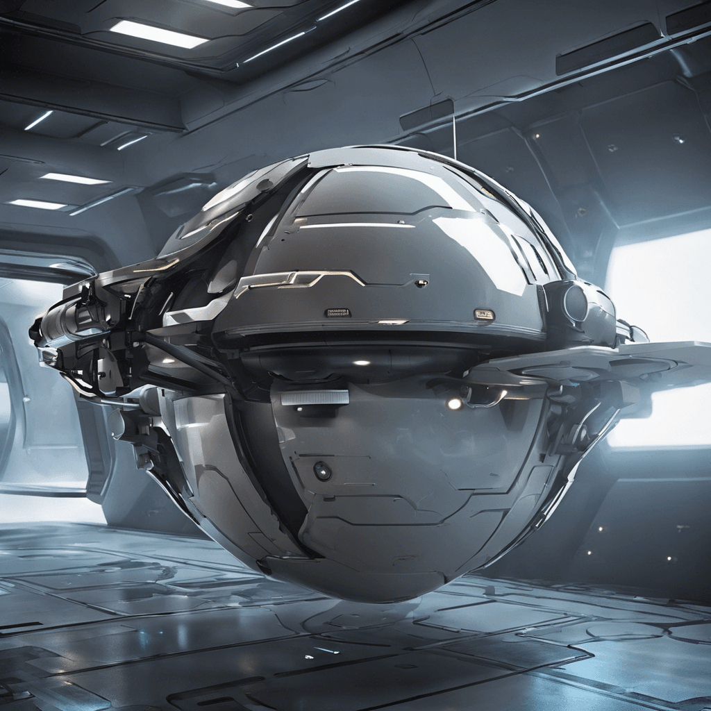 A hovering spherical drone outfitted with an array of sensors and weapons, it has a sleek metallic surface reflecting the dim lights of the spaceship corridors. The drone is equipped with anti-personnel turrets and is capable of rapid maneuvering in zero gravity.