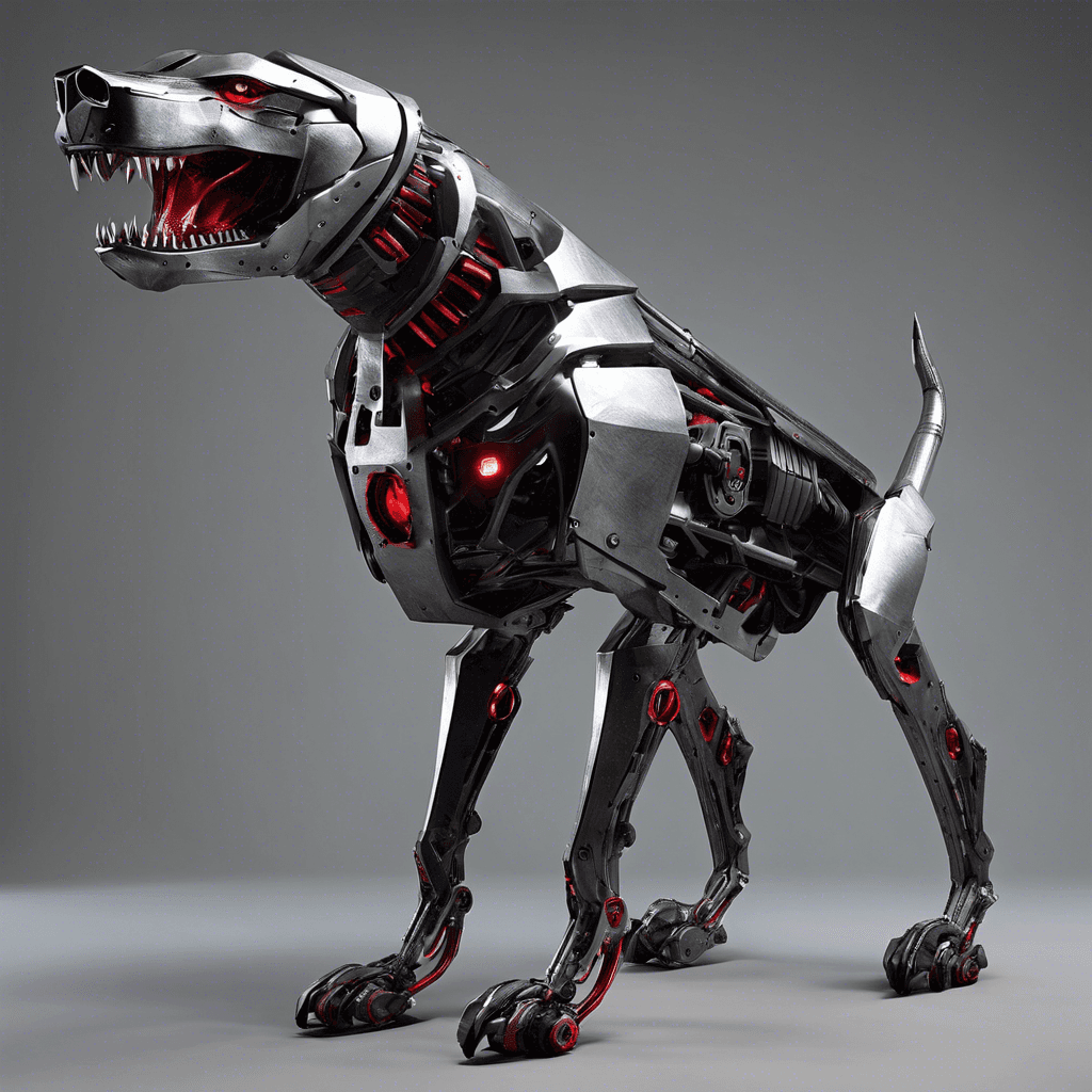 A sleek metallic creature resembling a large, predatory hound. Its body is a composite of brushed steel and black carbon fiber, with crimson optic sensors for eyes. It moves with an unnerving silence, and its jaws are fitted with hydraulic pistons capable of crushing metal.