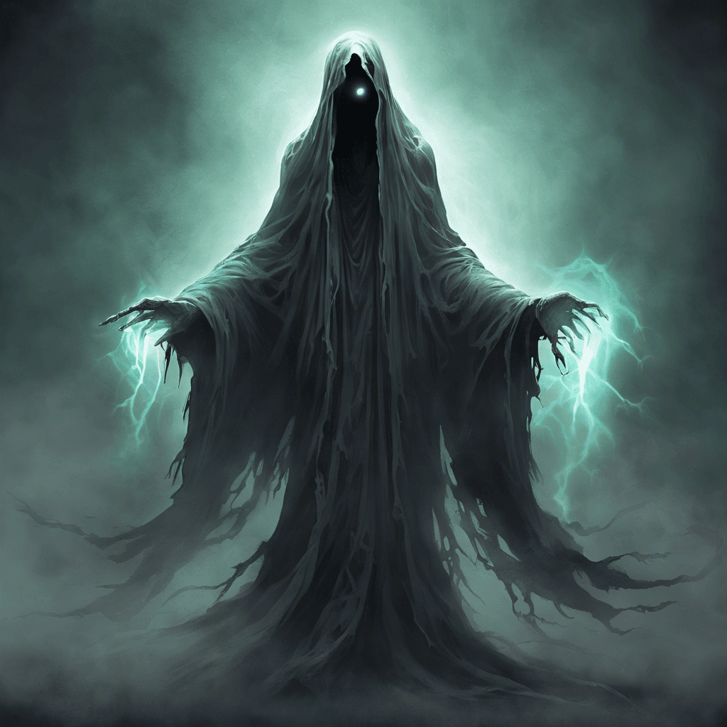 The Spectral Wraith is a ghostly figure with tattered, ethereal robes that billow around it, emitting an eerie, chilling glow. Its eyes are hollow sockets that seem to pierce through the darkness, and its presence sends shivers down your spine.