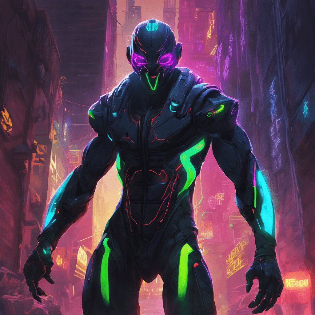 The Neon Stalker is a sleek and agile humanoid figure, adorned with glowing neon markings that pulse with malevolent energy. Its cybernetic enhancements make it a formidable opponent, moving with uncanny speed and precision in the dark alleys of CyberCity.