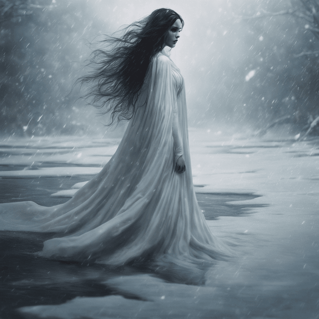 A specter cloaked in flowing white gown, her eyes dark pools of sorrow and regret. As she floats closer, a chill runs down your spine, and the air around you turns icy cold.