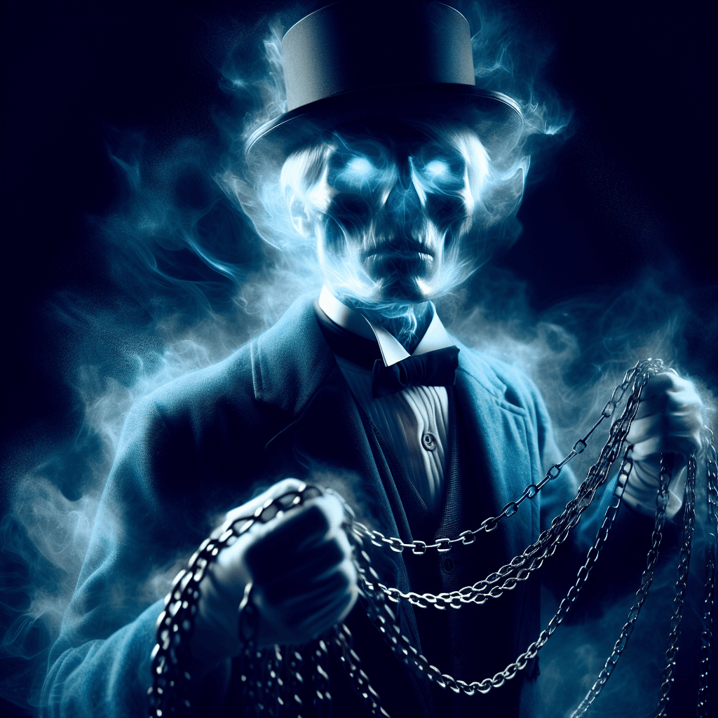 An ethereal figure in a tattered butler’s uniform, spectral chains rattling as it moves, with hollow eyes glowing a faint blue.