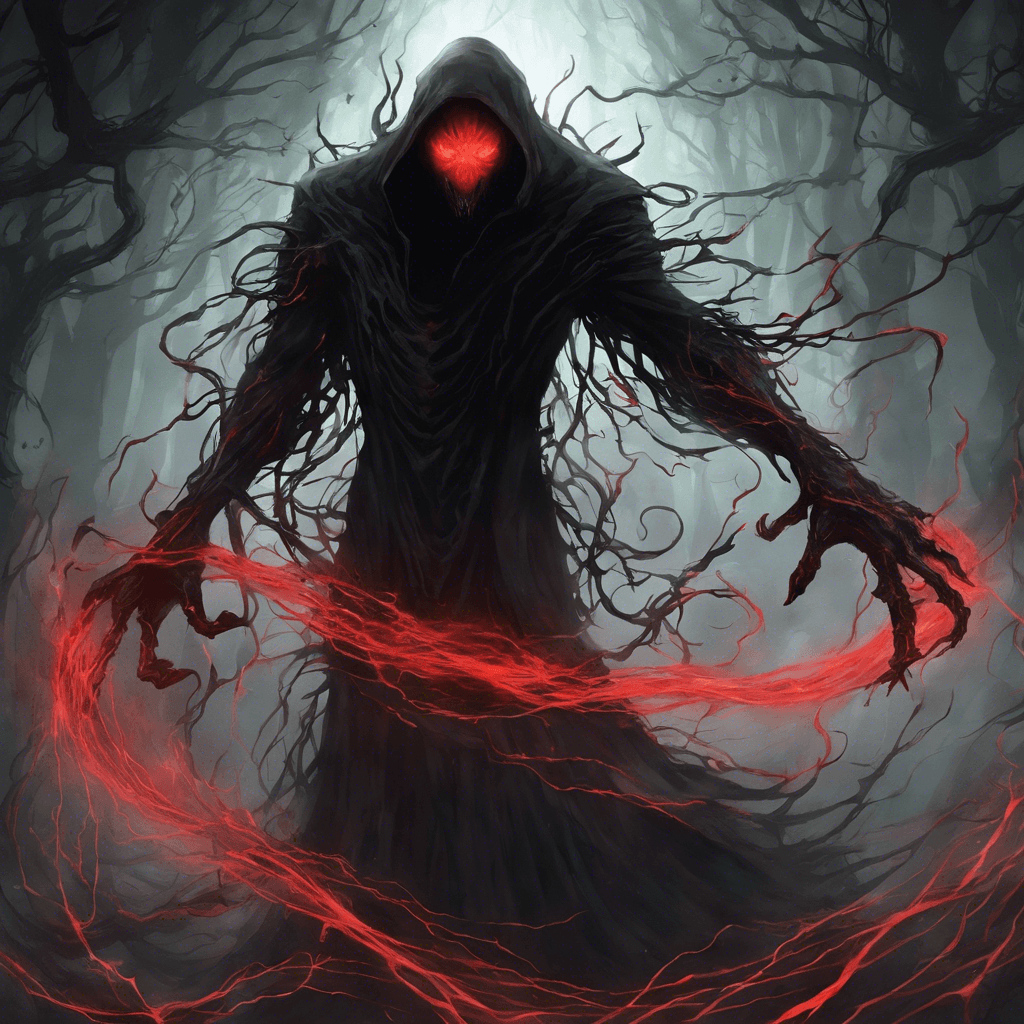 The Void Wraith is a being of shadow and darkness, its form constantly shifting and flickering as if not fully solid. Glowing red eyes pierce through the darkness, and tendrils of energy crackle around its body, ready to strike at any moment. It emits a chilling aura that seems to sap the warmth from the surroundings, leaving a sense of unease in its wake.