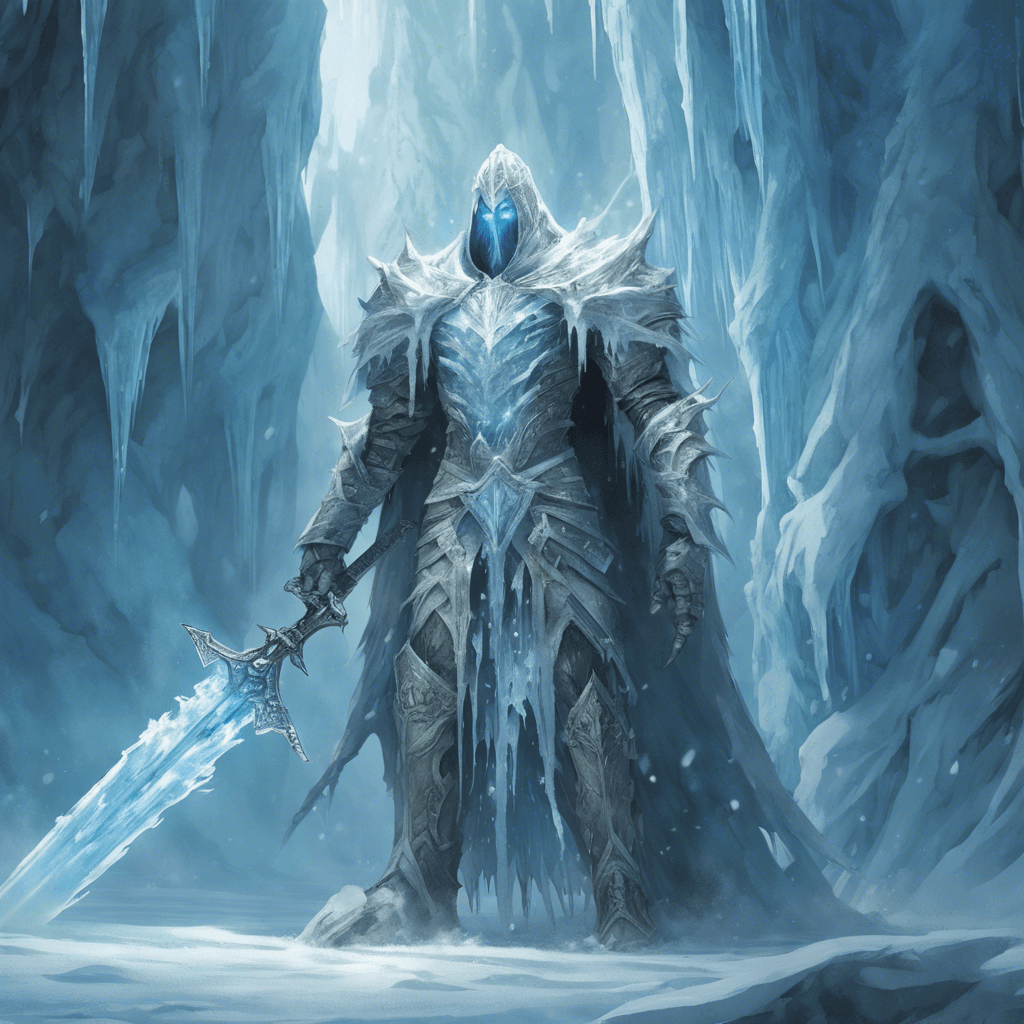 A towering figure shrouded in rime, the Ice Revenant’s form is of a knight encased in frost-covered armor. Long icicles hang off its frozen plate, and its eyes glow with a deadly chill, piercing the darkness of the ice cavern. In its hand, it wields a sword that seems forged from pure glacial ice.