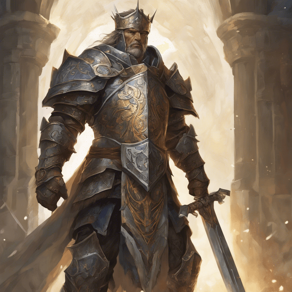 An imposing figure clad in radiant, rune-etched armor gleams with the light of countless battles. His weathered face, marked by scars of wisdom and war, crowns a robust frame. In one hand, a broadsword glints with a muted threat, and a heavy shield embossed with the kingdom's crest rests in the other.