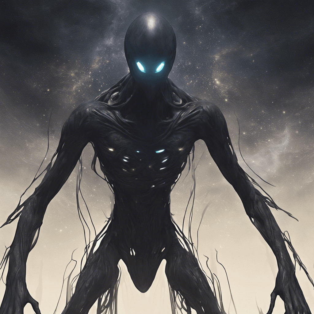 A tall and slender humanoid figure with dark, shadowy skin that seems to absorb the light around it. Its eyes and mouth glow with an otherworldly energy, and it moves with an eerie grace, as if gliding through the vacuum of space.