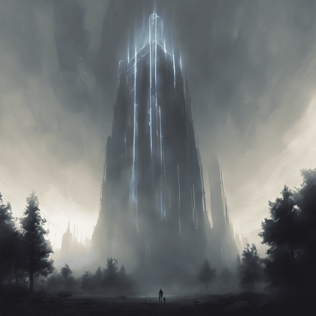 A towering semitransparent entity, pulsating with an eerie light, hovers above the ground. Its form constantly shifts, imbued with energy as it guards the source of the distress signal.