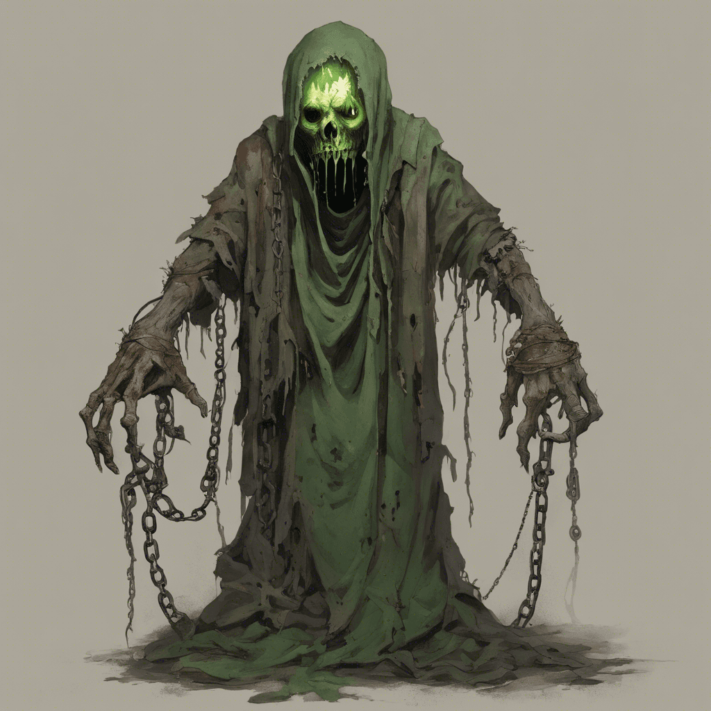 A grotesque figure, withered and ghastly, clad in tattered prison rags; its eye sockets burn with a malevolent green flame, and rusty chains bind its wrists, rattling with each shambling step.