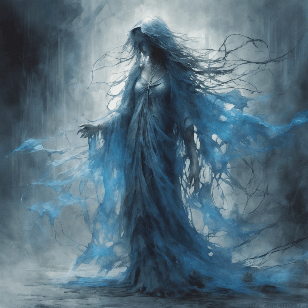 A specter cloaked in tattered rags that flutter in an unseen breeze, its eyes glowing with a cold, blue fire. Its form is semi-transparent, phasing in and out of visibility, with ethereal chains clanking softly with each movement.