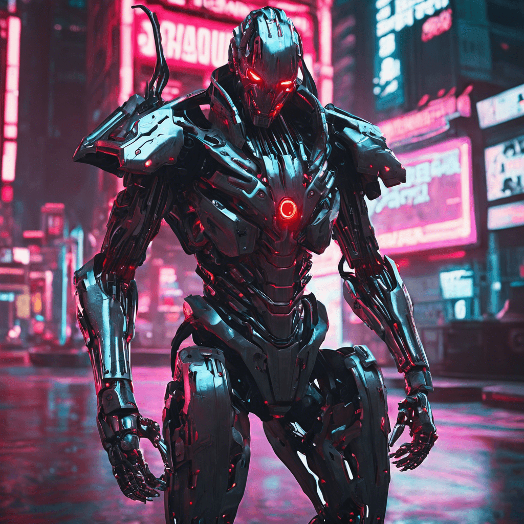 The Metallic Marauder is a cybernetic humanoid covered in sleek, silver plating with glowing red eyes and sharp, retractable blades integrated into its limbs. It moves with swift precision, ready to strike at any moment.