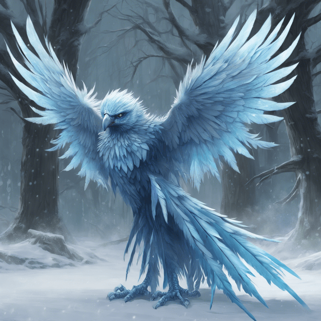 A harpy with icy blue feathers, razor-sharp talons, and frost emanating from its wings, which are tipped with icicle-like feathers.