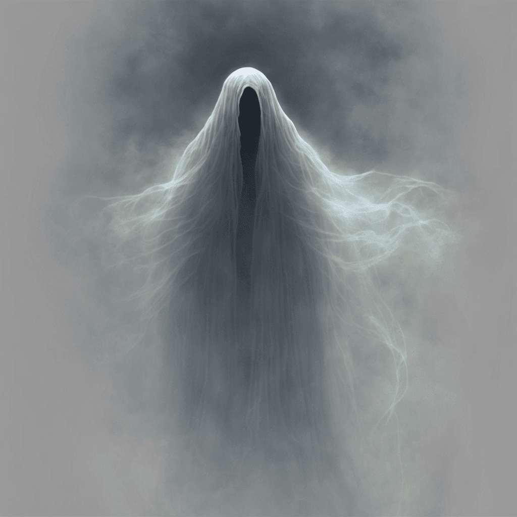 A ghostly figure with a semi-transparent body, emitting a soft ethereal glow. Its eyes are hollow, yet a faint light seems to flicker within them. It drifts just above the ground, its lower half fading into wisps of mist.