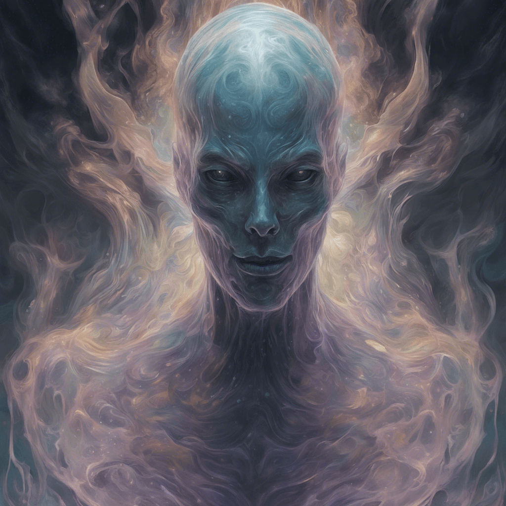 A shimmering wraith-like entity with a translucent form, shifting colors like oil on water, vague facial features seem to appear and disappear within its swirling mass. Its form borders on the incorporeal, flickering in and out of existence.