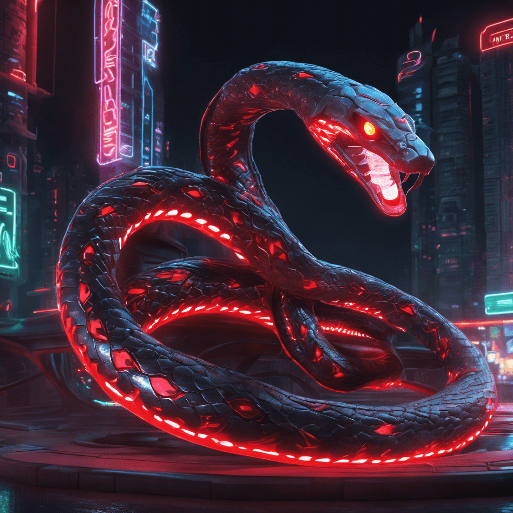 The Cyber Serpent is a sleek, metallic snake-like creature with glowing red circuit patterns running along its body. Its sharp, retractable metal fangs gleam in the neon lights of Night City, and its movements are fluid and unpredictable.