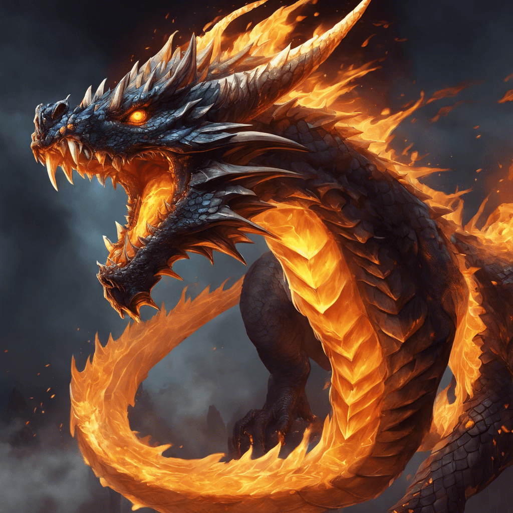 A colossal dragon with scales like midnight obsidian, eyes glowing with a fiery amber hue, and smoke billowing from fanged maw.