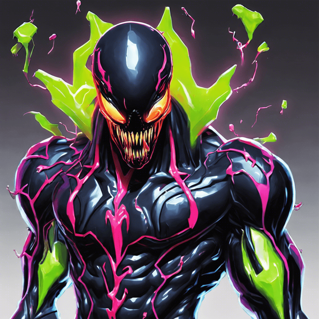 Venom Shard is a slick, neon-painted android with fluid, serpentine movements. Its head is featureless except for a single glowing red eye. It has cybernetic arms ending in needles, perfect for administering its concoction of nanobots.