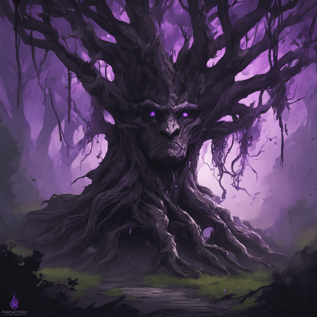 A towering treant, once a gentle guardian of Arantha's woods, now twisted and gnarled by darkness. Its bark is jet black, oozing with tar-like sap. Its eyes glimmer with malevolent purple light, and from its branches hang tattered remnants of foliage, corrupted by dark magic.