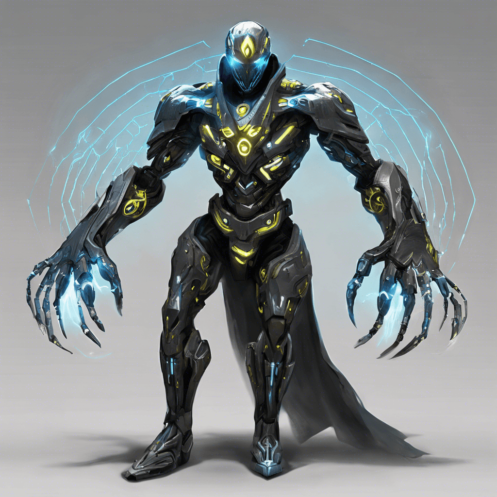 The Tech Reaver is a humanoid figure cloaked in advanced cybernetic armor, adorned with glowing symbols and pulsating energy lines. Its eyes shine with a cold, calculating light as it moves with inhuman speed and precision. Its cybernetic enhancements hum and whirr with deadly potential, ready to strike at a moment's notice.