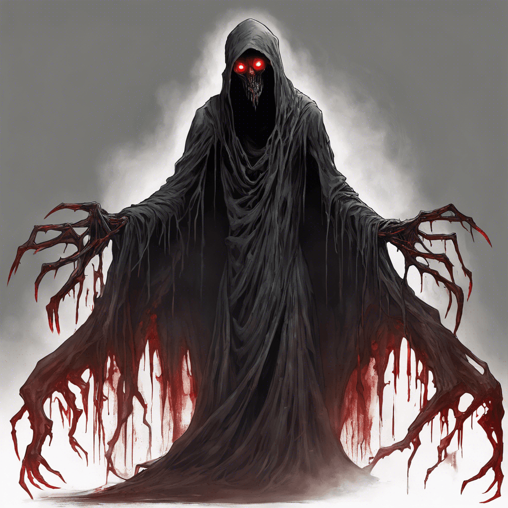 The Wraith of Whispering Hollow is a shadowy figure with glowing red eyes, emitting an eerie wail that chills your bones. Its translucent form seems to flicker in and out of existence, leaving a cold breeze in its wake. Its presence fills the room with a sense of dread and impending doom.