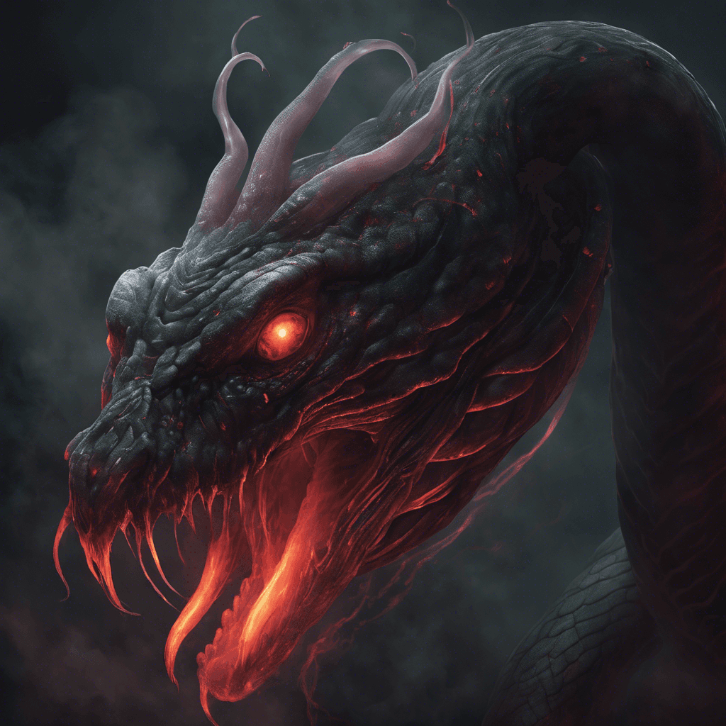 A large serpentine creature with smoky tendrils and glowing red eyes that ooze dark vapor. Its scales glimmer with an eerie, ephemeral light.