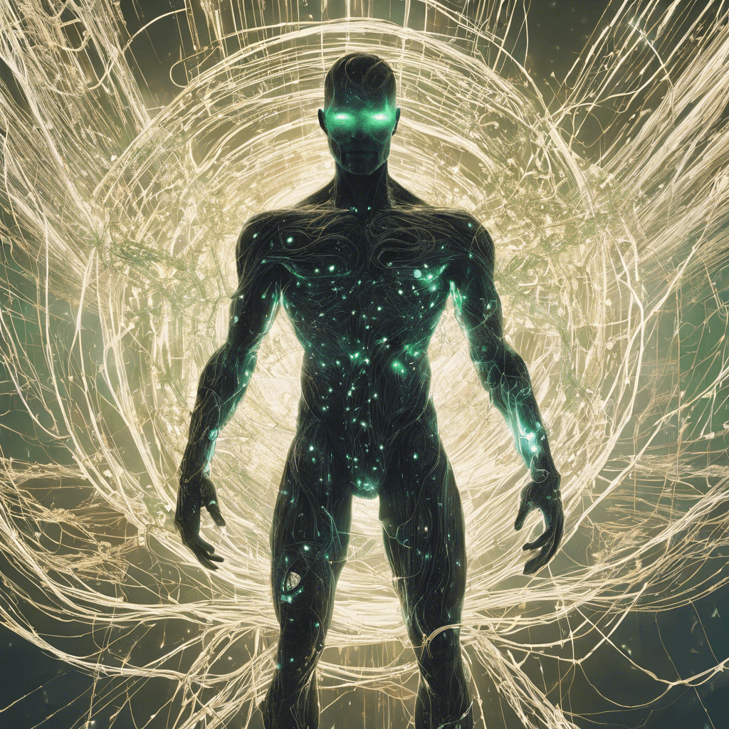 A hulking, luminescent figure with a humanoid silhouette stands enveloped in tendrils of data streams, its eyes glowing with malice. Wires and cables move like serpents around its frame, crackling with electric energy.