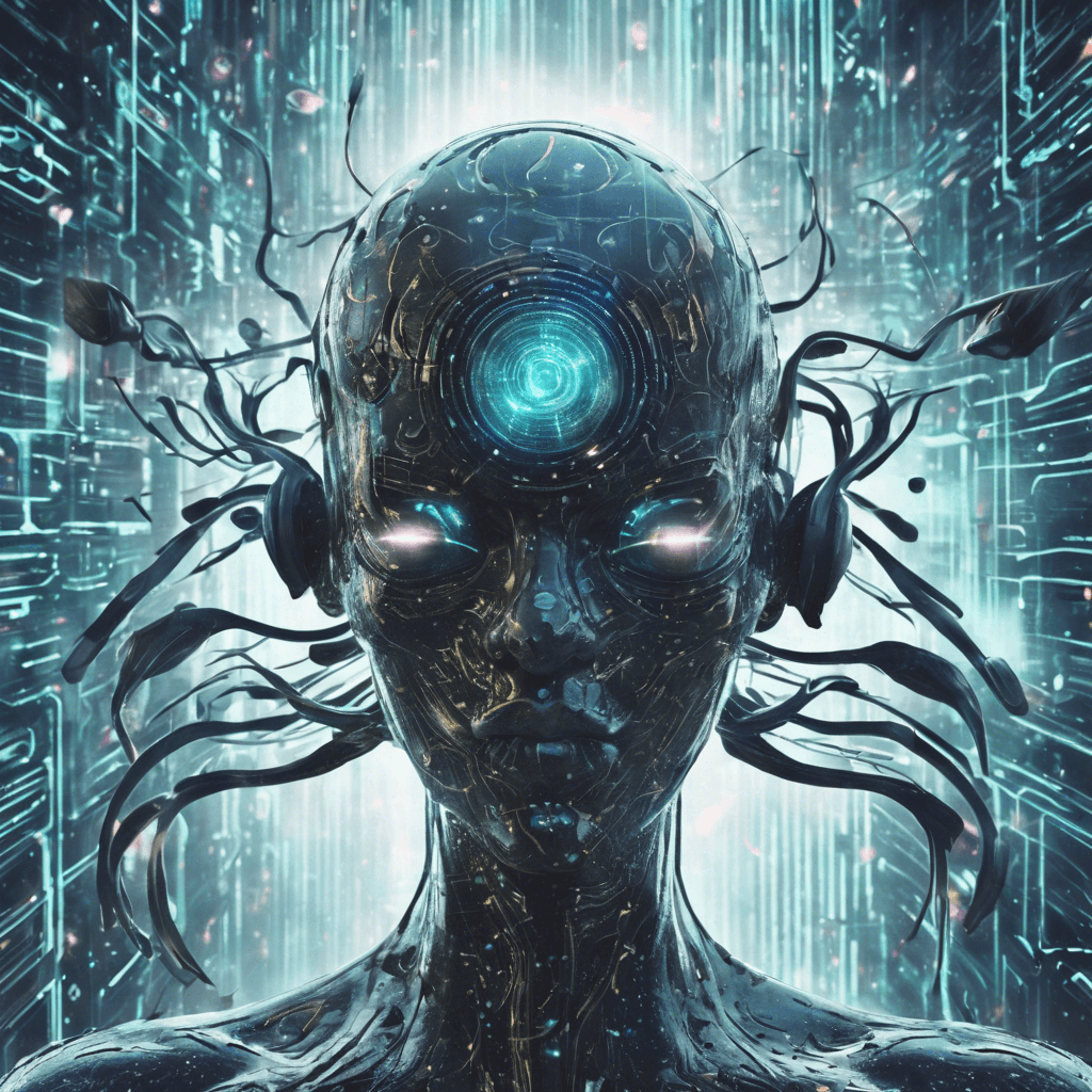 A sinister amalgamation of swirling digital code and errant cybernetic parts, with flickering holographic eyes and tendrils of corrupted data streaming from its core.