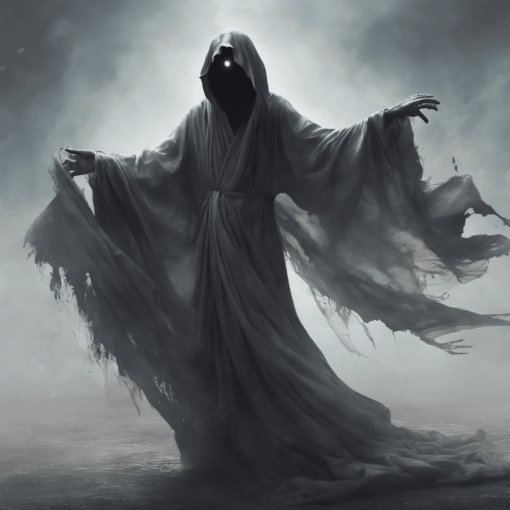 A ghostly figure, draped in tattered robes that flutter as if caught in an unfelt breeze. Its eyes are voids of despair, and its hands clawed, reaching out with a hunger for the life it once knew.