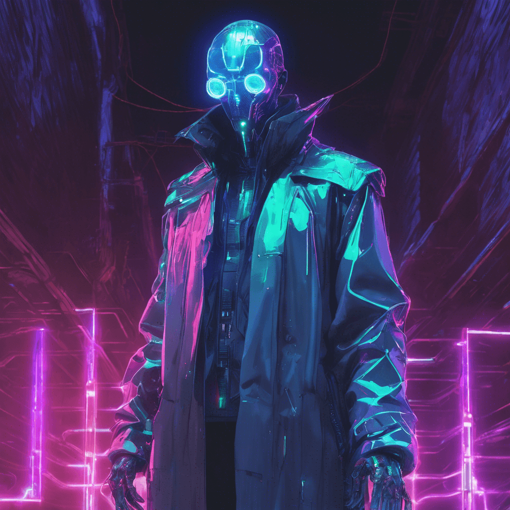 A towering humanoid figure, shrouded in a trench coat with reflective cybernetic implants emitting neon light. Its face is obscured by a holographic mask, flickering with static.