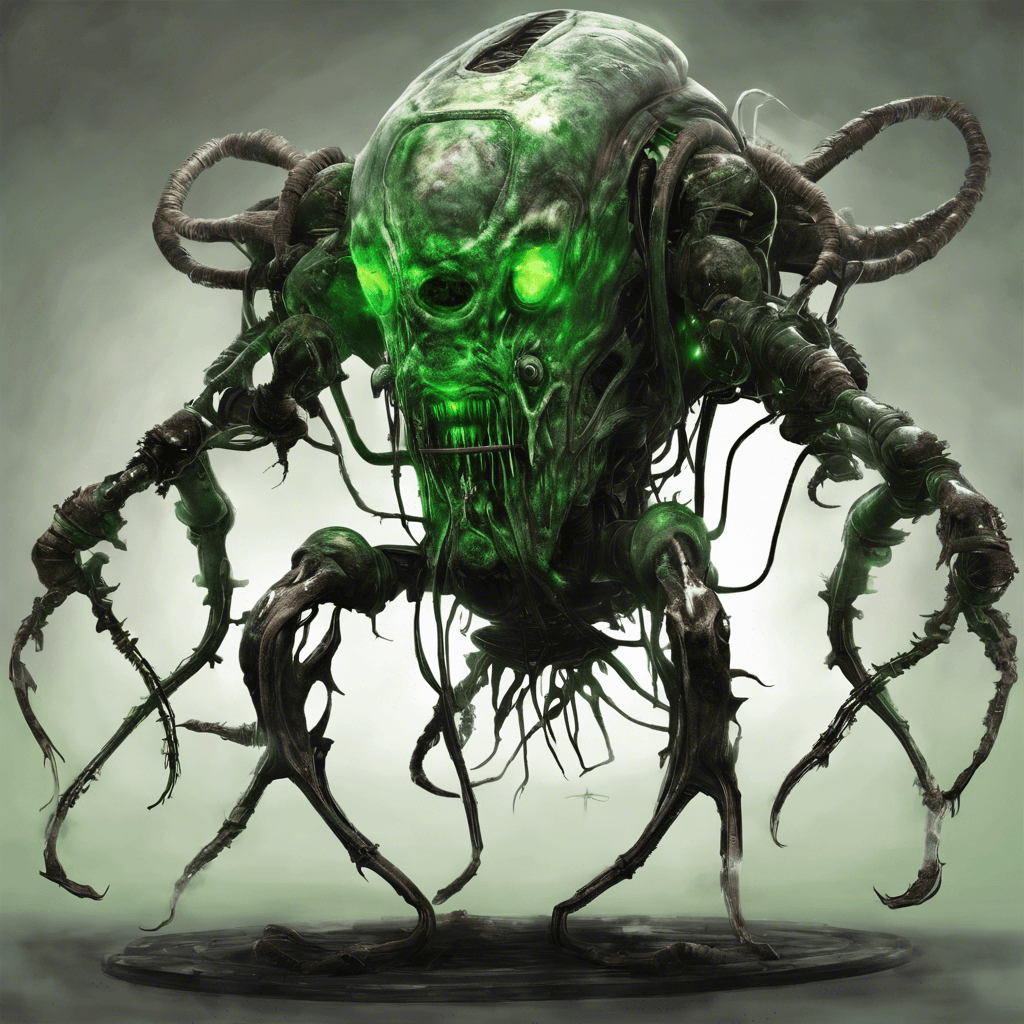 The Xenon Blight is a biomechanical monstrosity, crafted from the remnants of alien technology and infected with a corrosive alien pathogen. Its body pulsates with sickly green energy, emitting noxious fumes that corrode anything they touch.