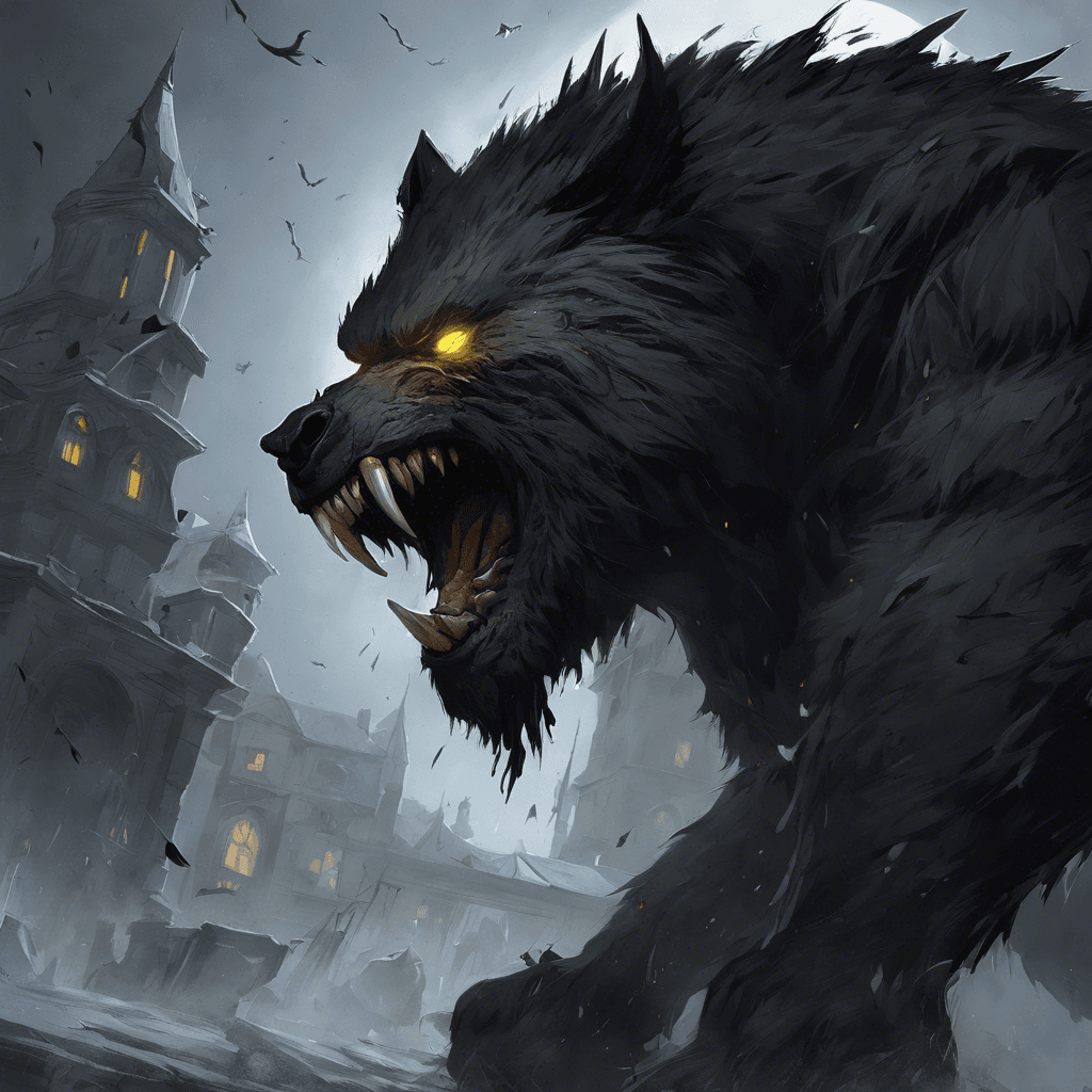 A hulking beast with matted black fur, ferocious yellow eyes, and saliva dripping from its razor-sharp teeth, as it growls menacingly under the pale moonlight.