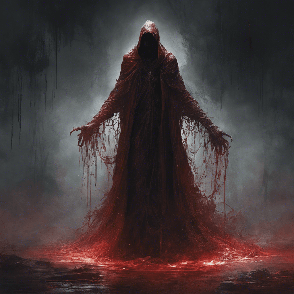 A towering figure draped in tattered robes glides silently through the darkness. Its eyes emit a faint, sinister red glow from the depths of an ever-shifting face, neither fully solid nor completely ethereal. Chains of dark energy wrap around its form, crackling with an ominous power.