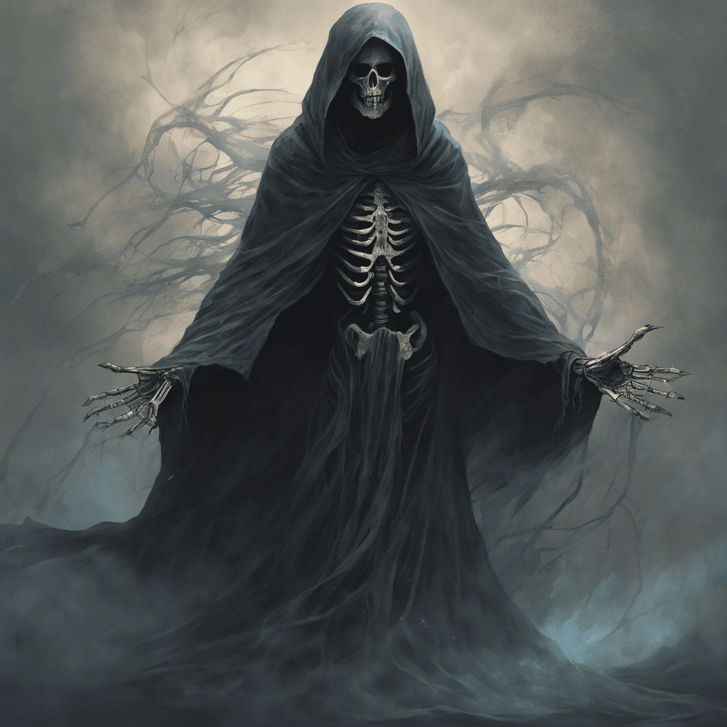 A cloaked figure with hollow, glowing eyes, wisps of ethereal energies emanate from its skeletal hands. Tattered robes flutter in an unseen wind, and the air around it chills with the presence of death.